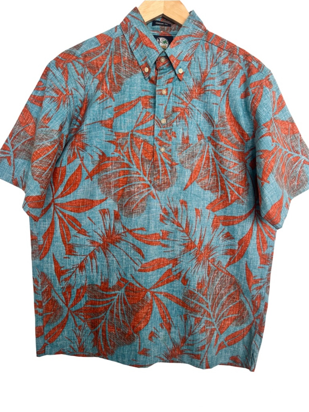 Reyn Spooner Blue Orange Kaha Lau Hawaiian Print Popover Shirt SZ MED Short SLV